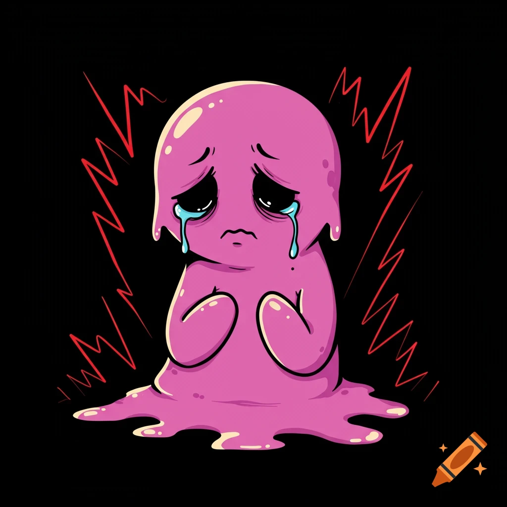 Sad pink blob character crying with red lightning accents on a black background, in a comic style.