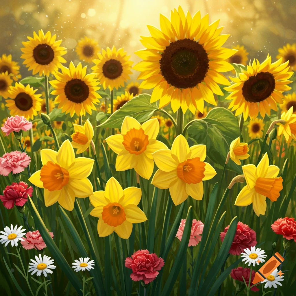 A field of sunflowers, daffodils, carnations, and daisies under sunny skies.