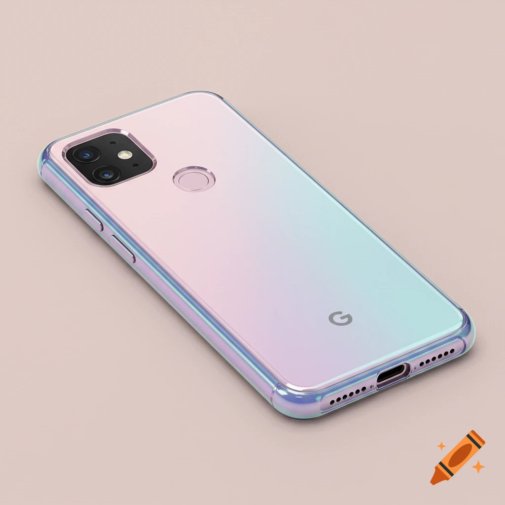 A Google Pixel phone with a clear iridescent phone case showing pink, purple, and blue hues.