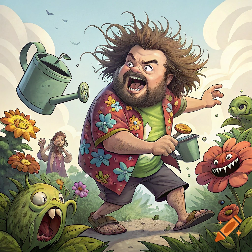 Cartoon image of a bearded man with wild hair resembling Jack Black, wearing a floral shirt, fighting monstrous plants in a garden.
