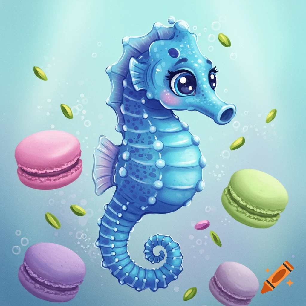 Cute blue seahorse swimming with macaroons