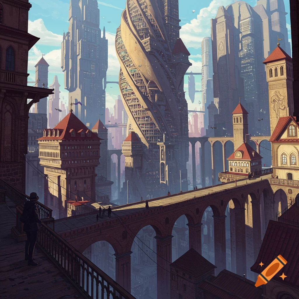 A futuristic or fantasy city with towering, impossible architecture and elevated bridges.