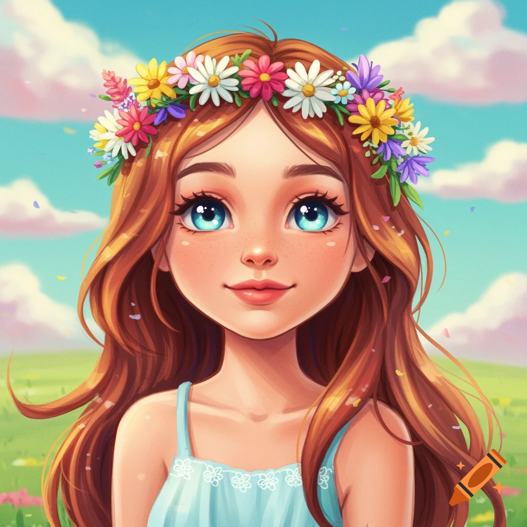 Stylized portrait of a girl with a flower crown in a meadow.
