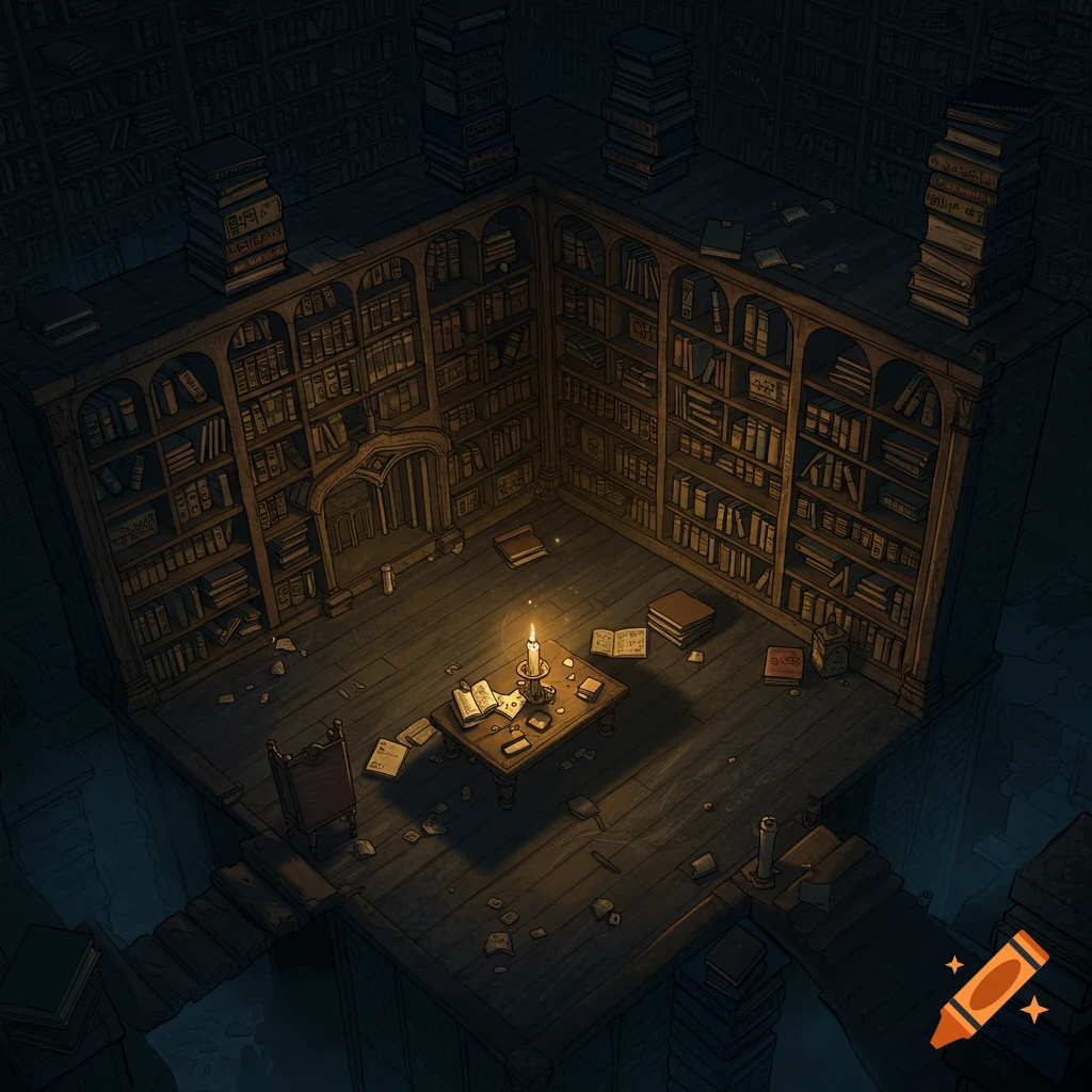 Dimly lit fantasy library interior with bookshelves, a table with books and a candle, and stairs.