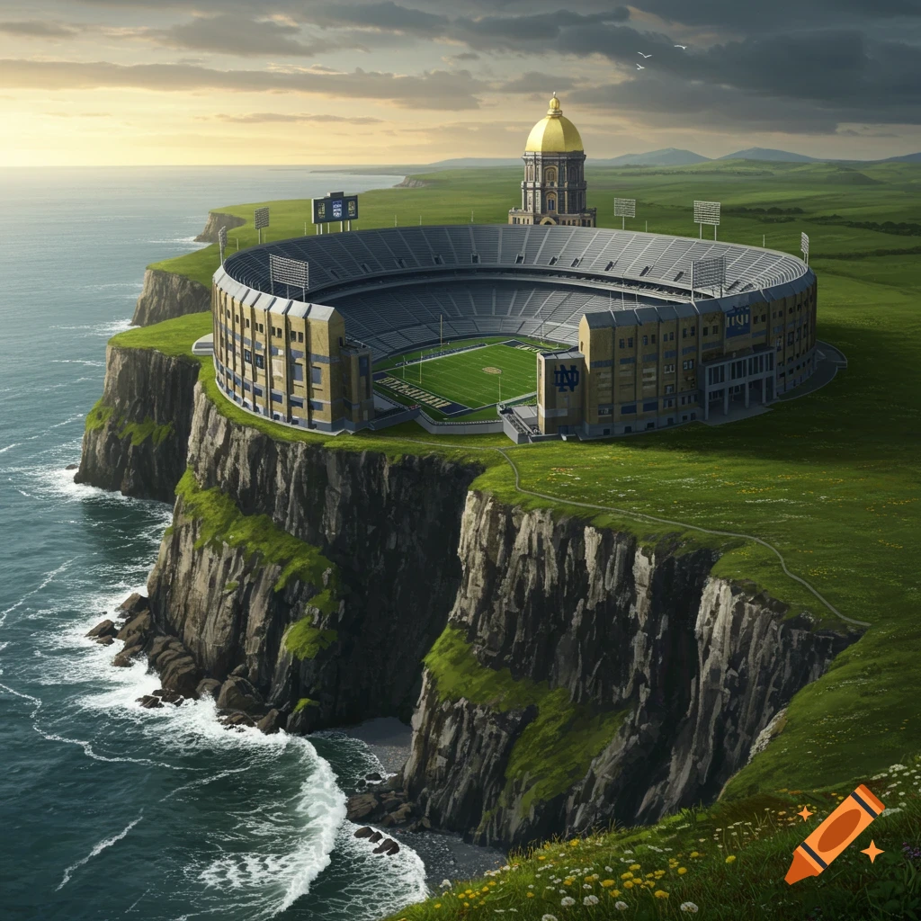A football stadium and tower are built on a cliff overlooking the ocean at sunset.