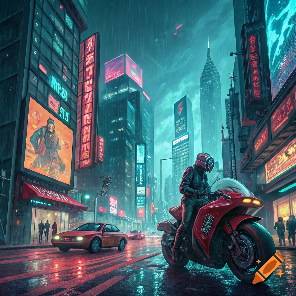 A cyberpunk city street scene in the rain with neon signs, a red motorcycle and rider in the foreground, and cars and pedestrians in the background.