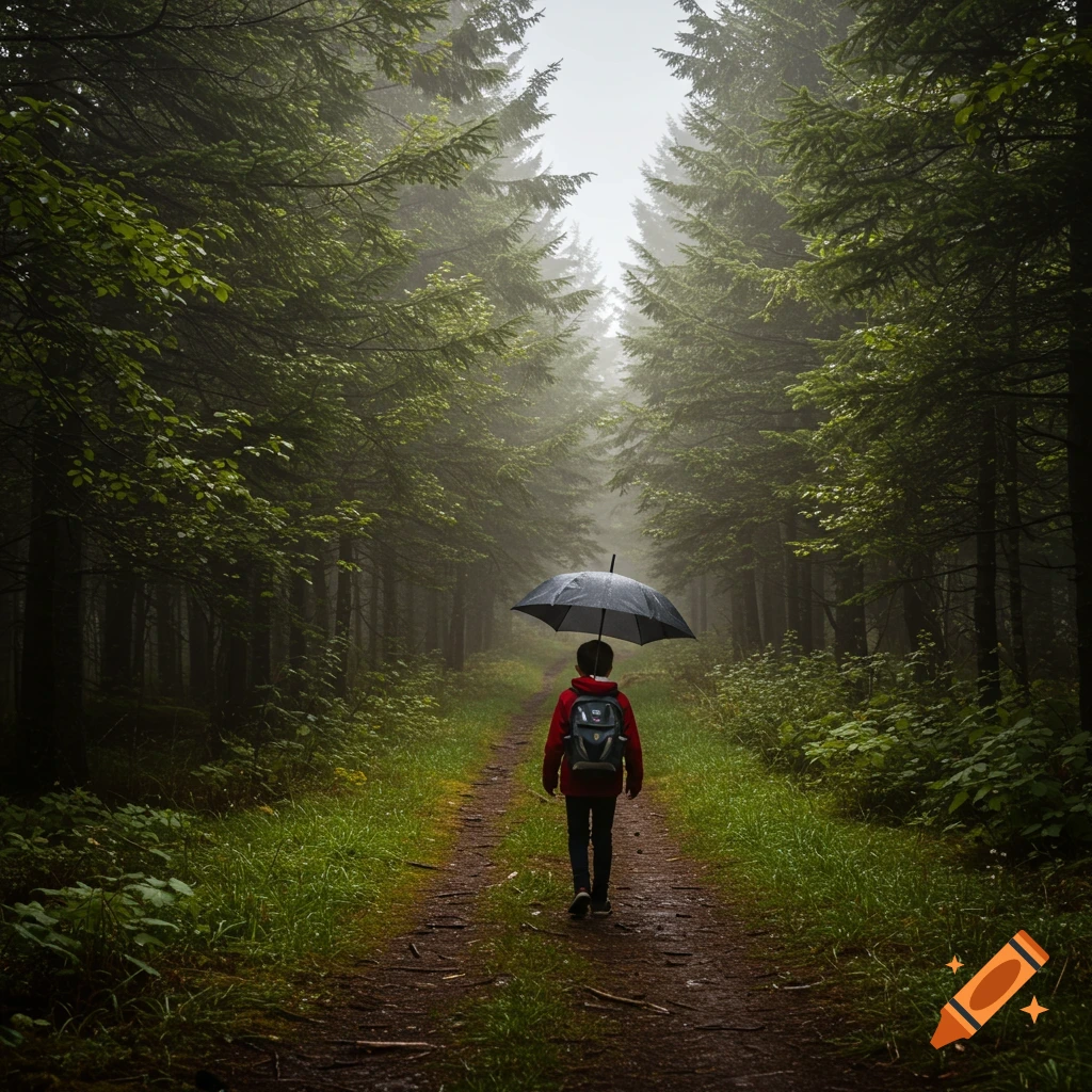 A person in a red jacket walks down a path through a foggy forest holding a black umbrella.