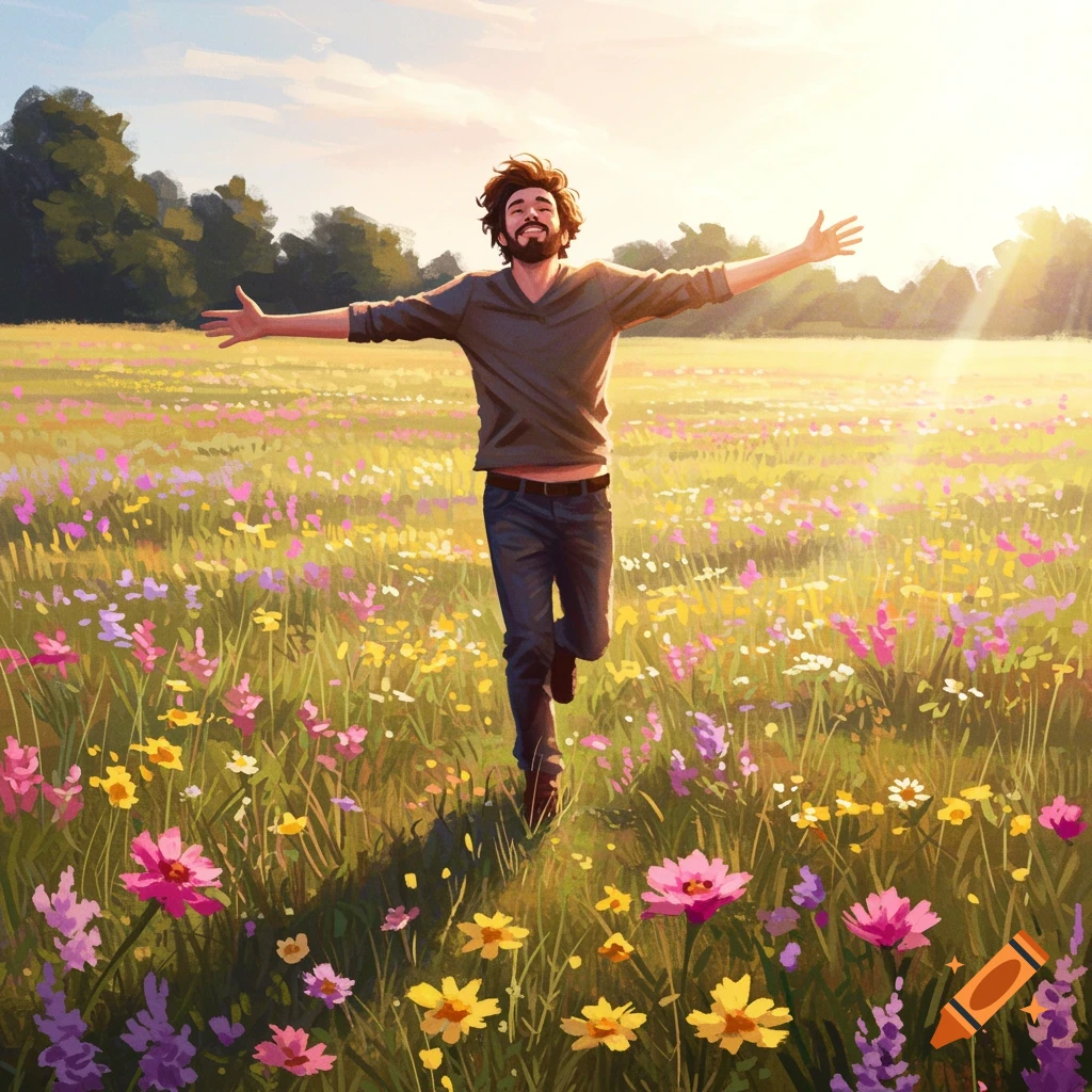 A man is running joyfully through a sunlit field of wildflowers.