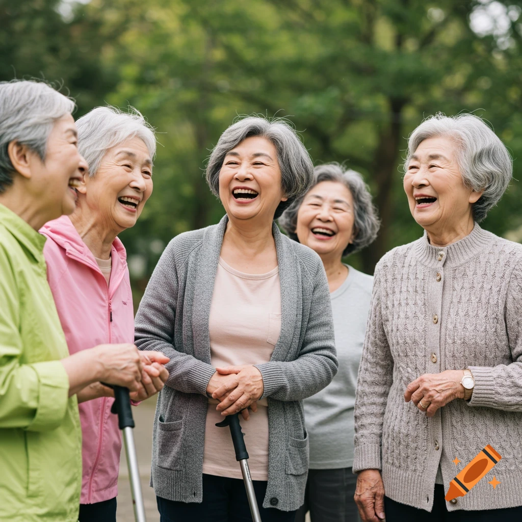 A group of elderly women walk outdoors and laugh.