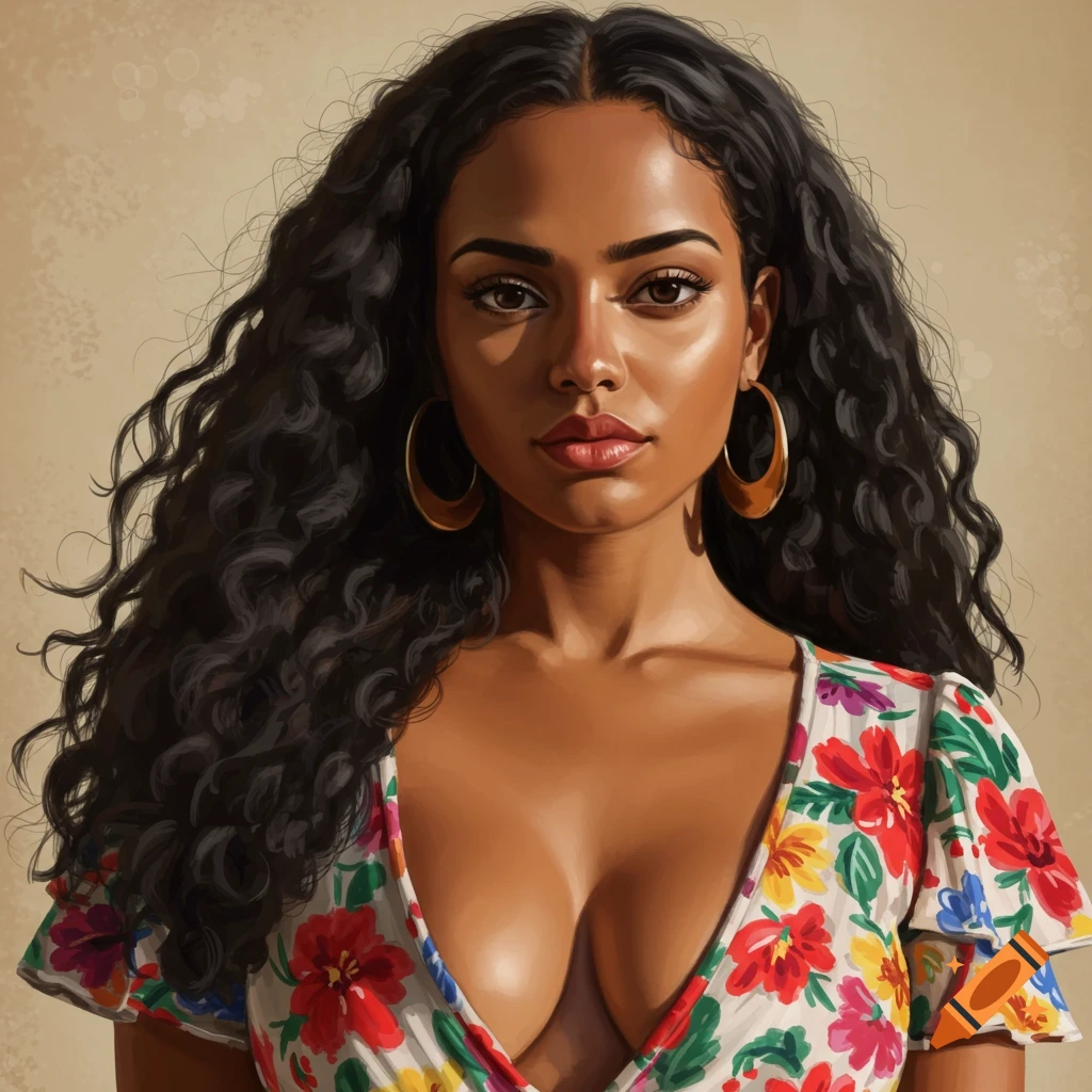 Painting of a beautiful woman with long curly dark hair and a floral dress.