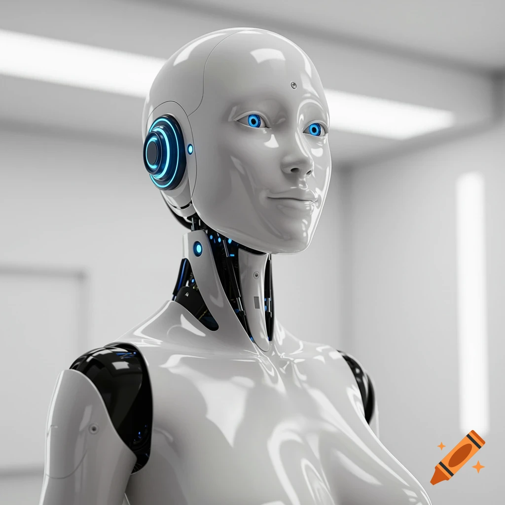 A white, humanoid robot with glowing blue eyes and a sleek body stands in a bright room.
