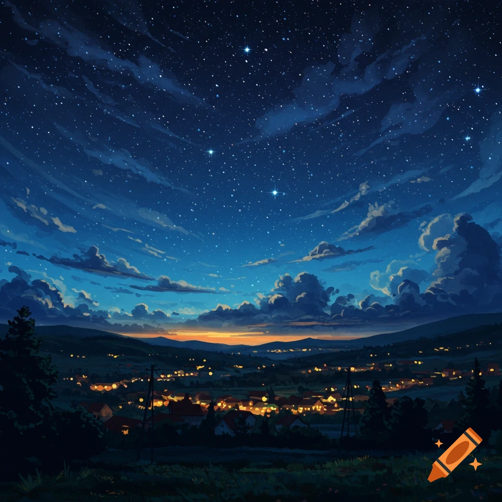 A village nestled in hills under a starry night sky.