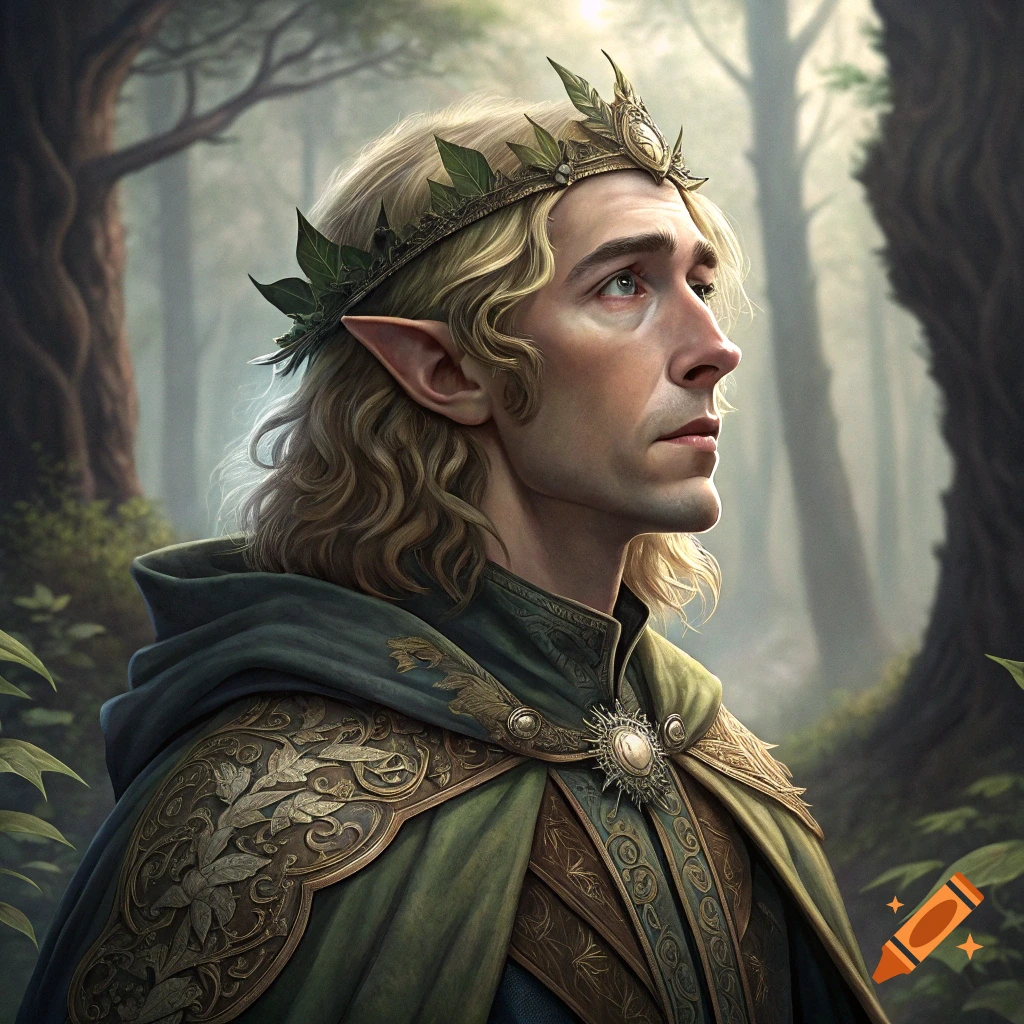 A portrait of a male elf with blonde hair and a leaf crown in a forest.