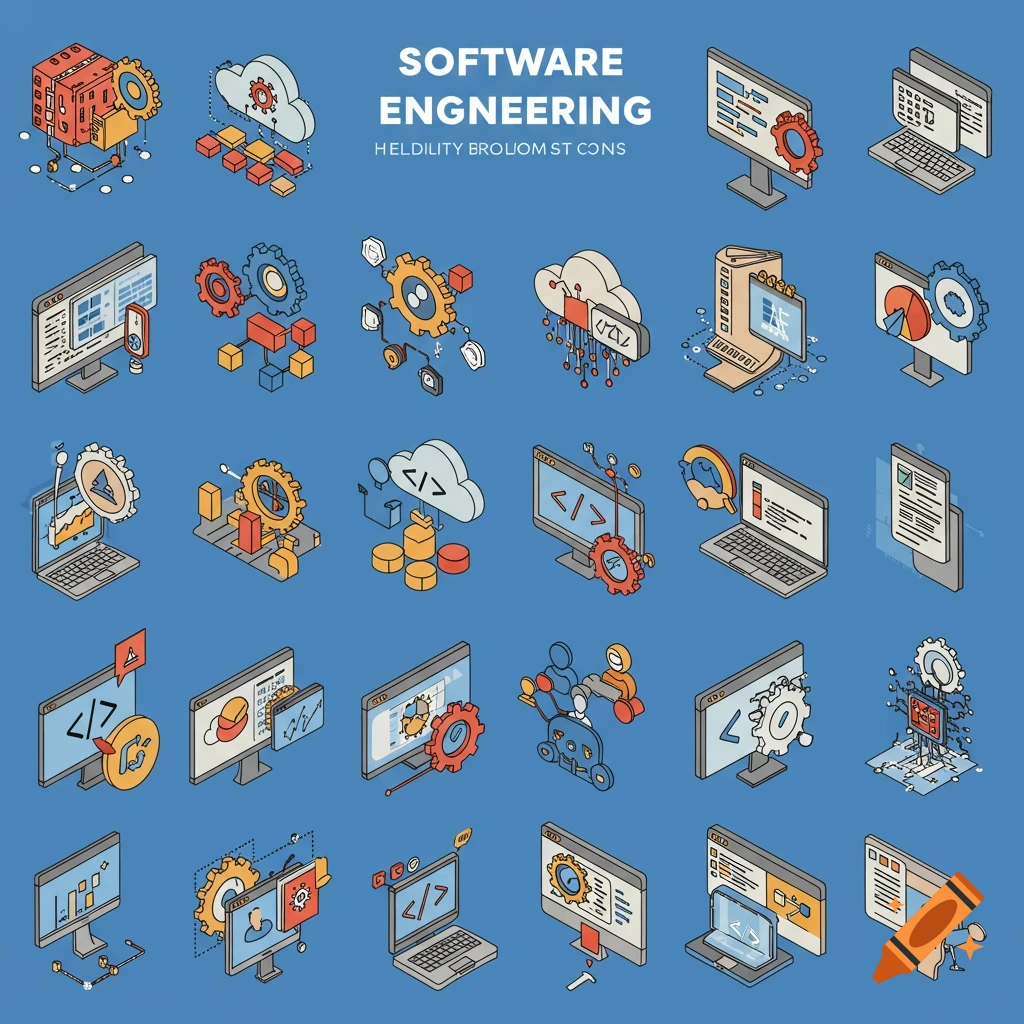 A collection of isometric software engineering icons on a blue background.