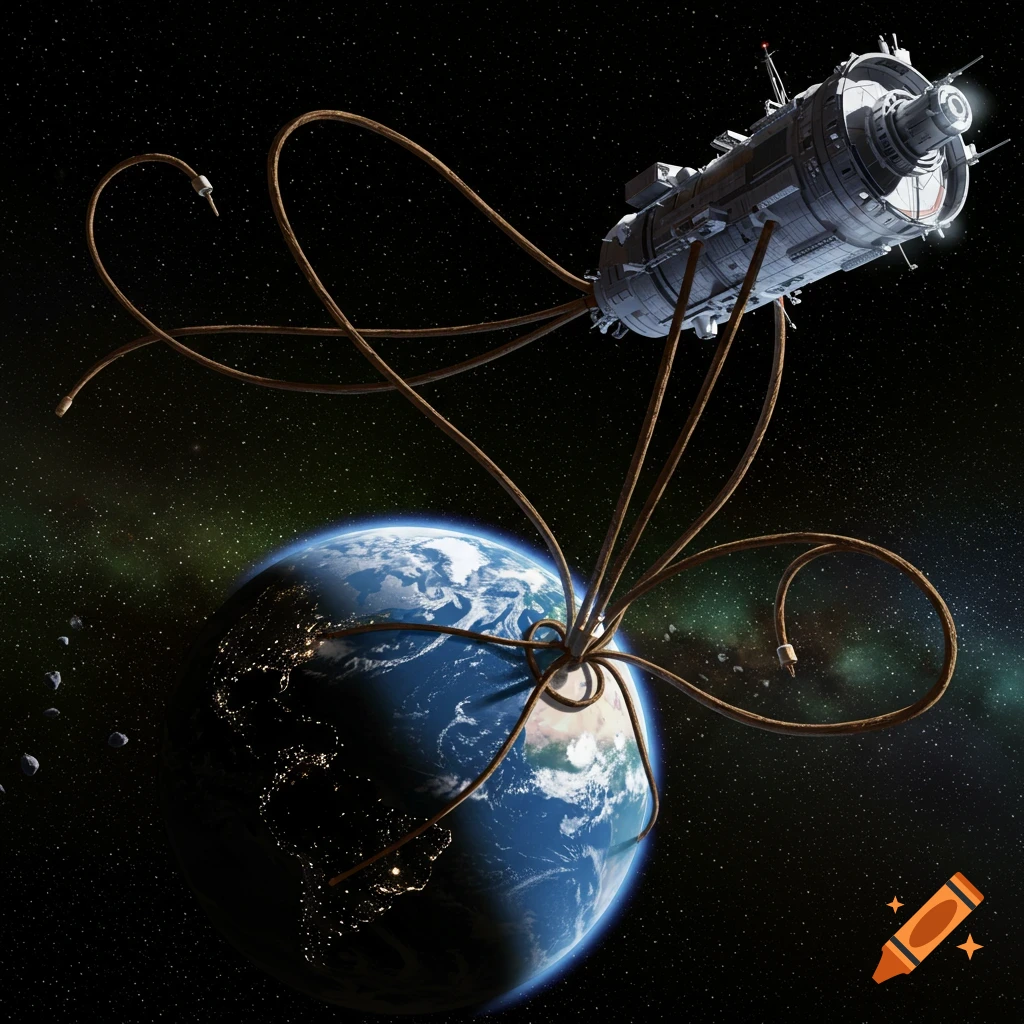 A spaceship pulling Earth out of orbit with cables.