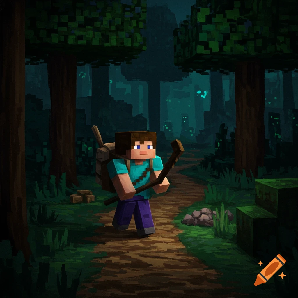 A Minecraft character with a hiking stick walks down a path in a dark forest