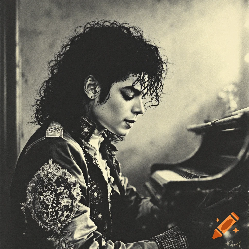 Black and white portrait of Michael Jackson playing a piano.