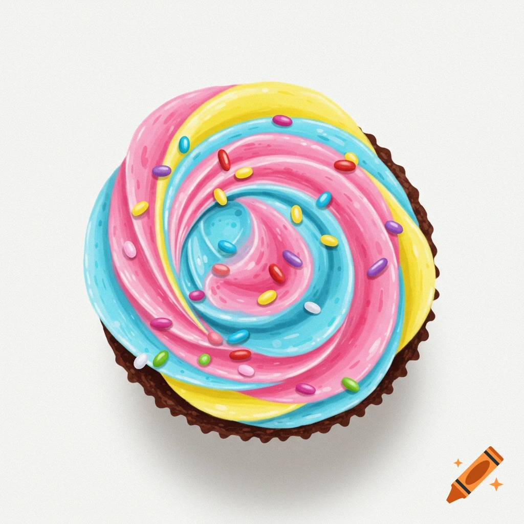 A top-down view of a colorful swirled frosting cupcake with sprinkles.