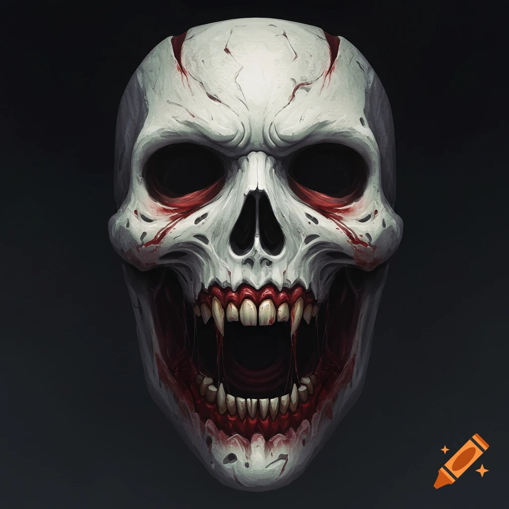 A stylized image of a bloody white skull mask with bared sharp teeth and dark eye sockets.