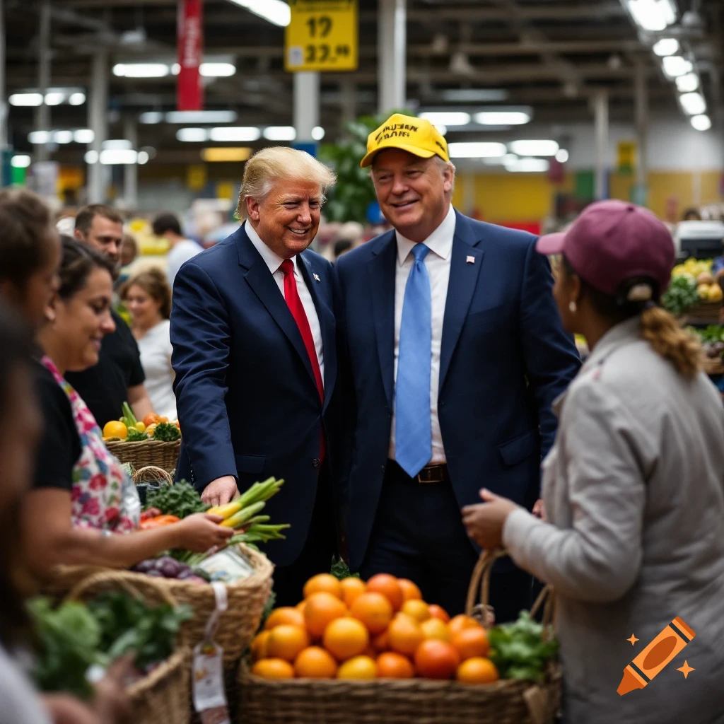 President Trump and another man in a yellow cap greeting people in a grocery store.