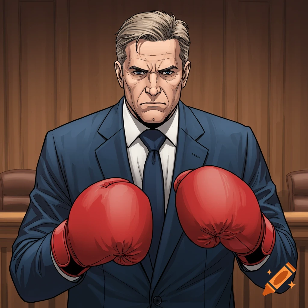 A determined attorney in a suit and boxing gloves standing in a courtroom.