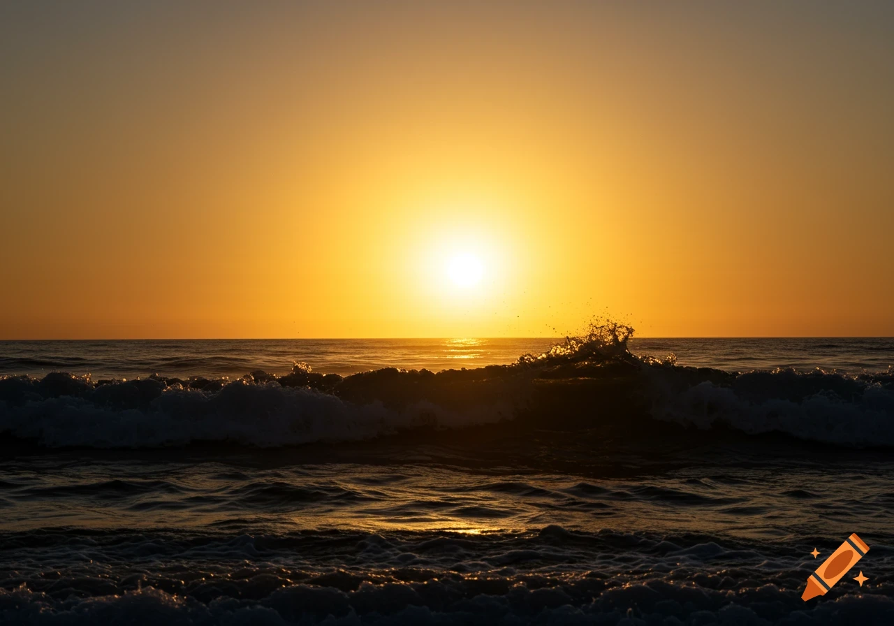 Ocean waves silhouetted against a brilliant sunset sky.