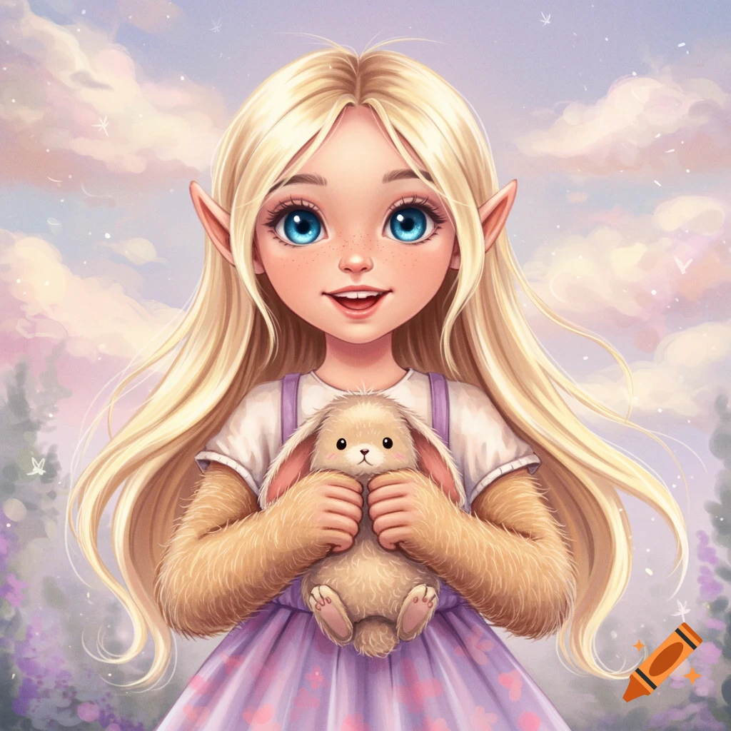 Young girl with elf ears and hairy arms holds a bunny in a whimsical pastel forest.