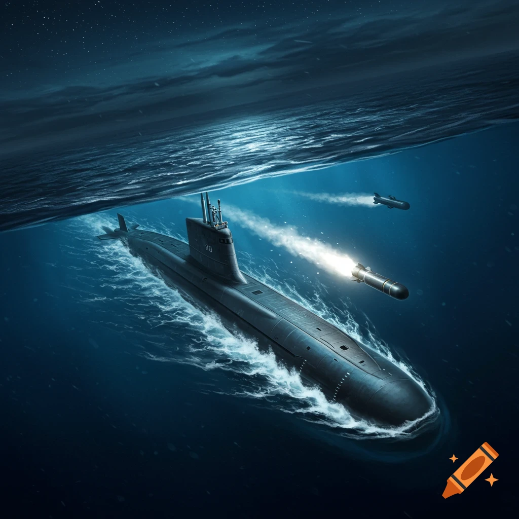 A submarine launches a missile underwater at night