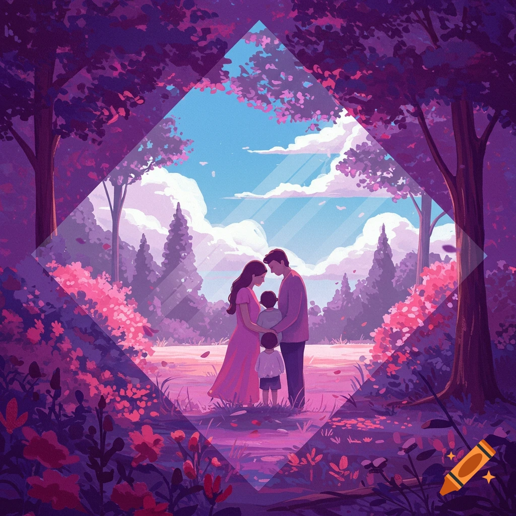 A family in a purple forest, framed by a diamond shape.