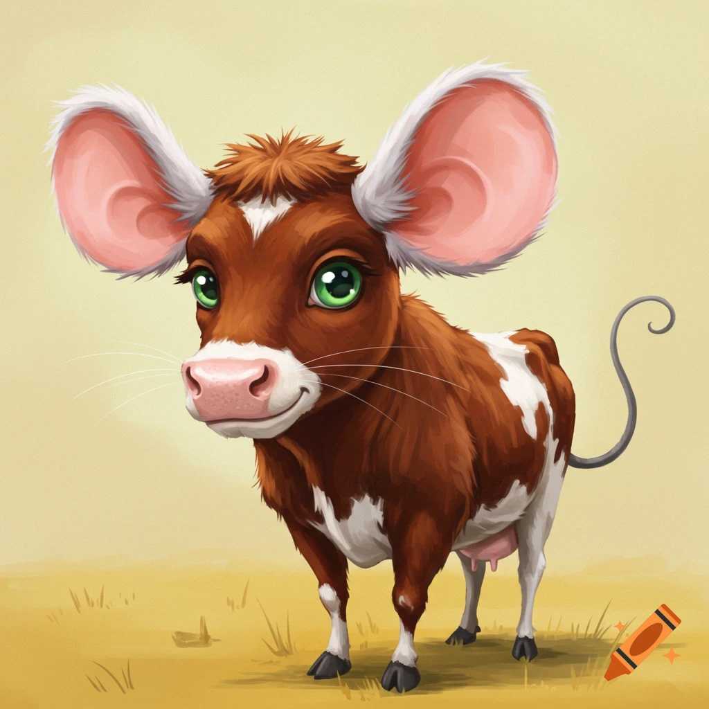 A cute brown and white cow with large pink ears and a mouse tail.