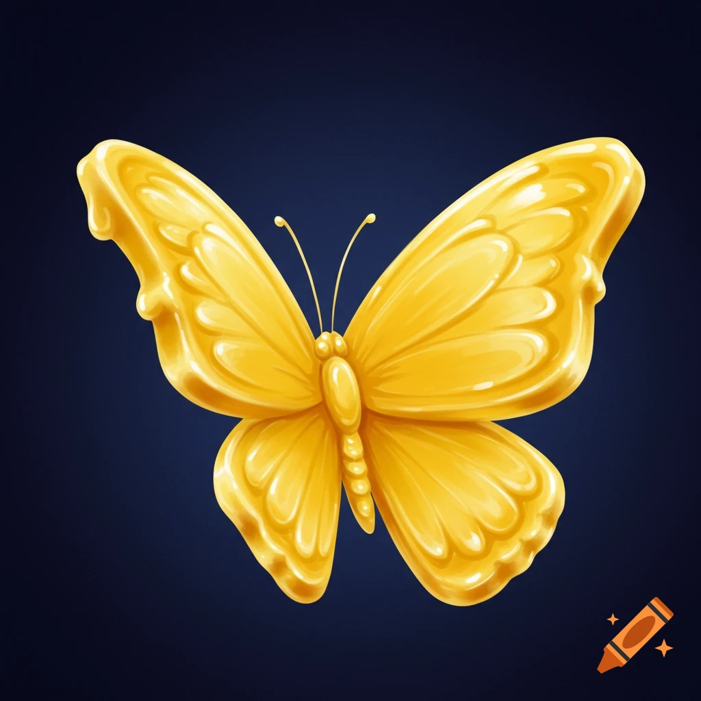 A shiny yellow butterfly illustration on a dark background.