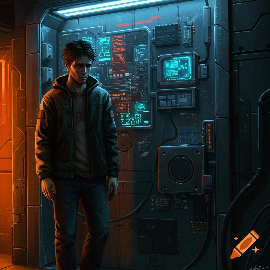 A sad man stands outside a futuristic door covered in glowing electronics.