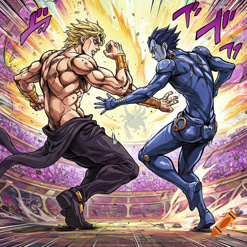 Manga-style illustration of two muscular characters fighting in a stadium.