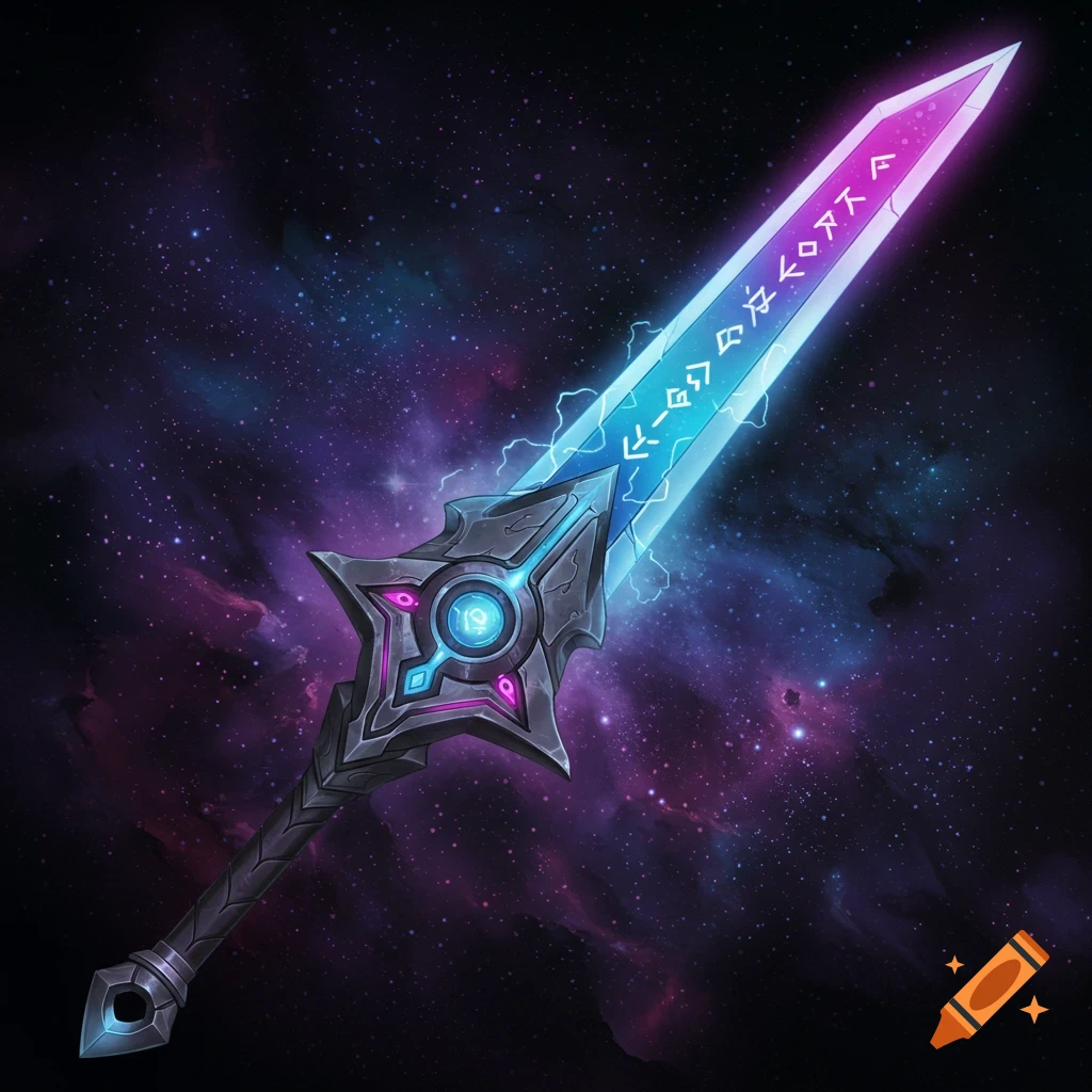 A glowing fantasy sword is depicted against a starry space background.