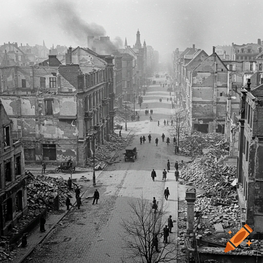 Black and white photo of a destroyed city street with rubble and people walking