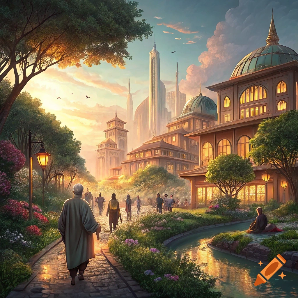 A robed figure walks on a path through a lush garden beside a canal towards ornate buildings and a fantasy city skyline at sunset.