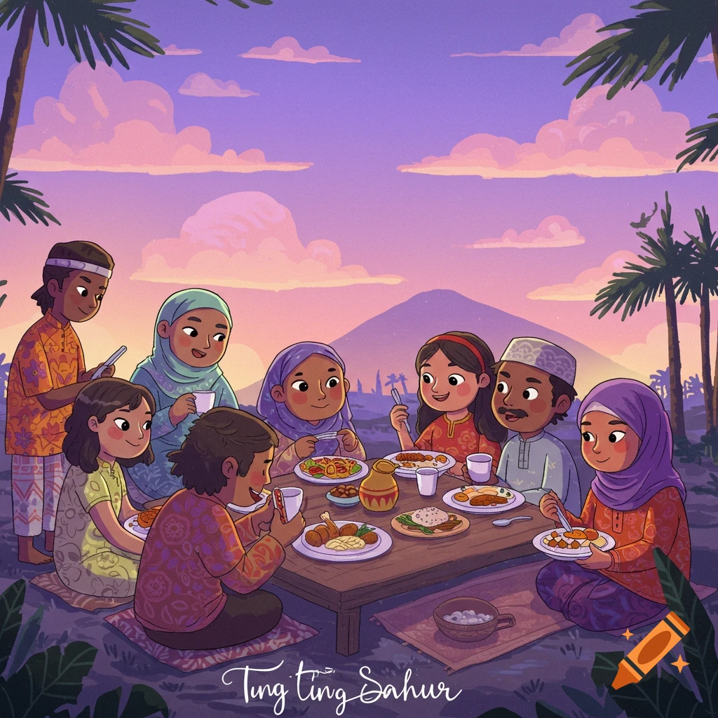 A group of people, including children, in traditional clothing share a meal around a low table outdoors at sunset or sunrise.