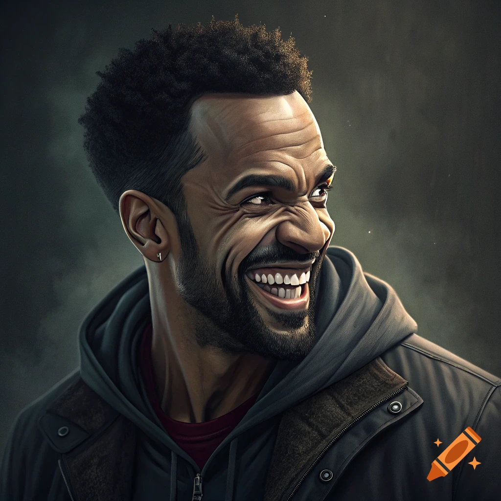 Man with beard and afro making an exaggerated, intense smile.