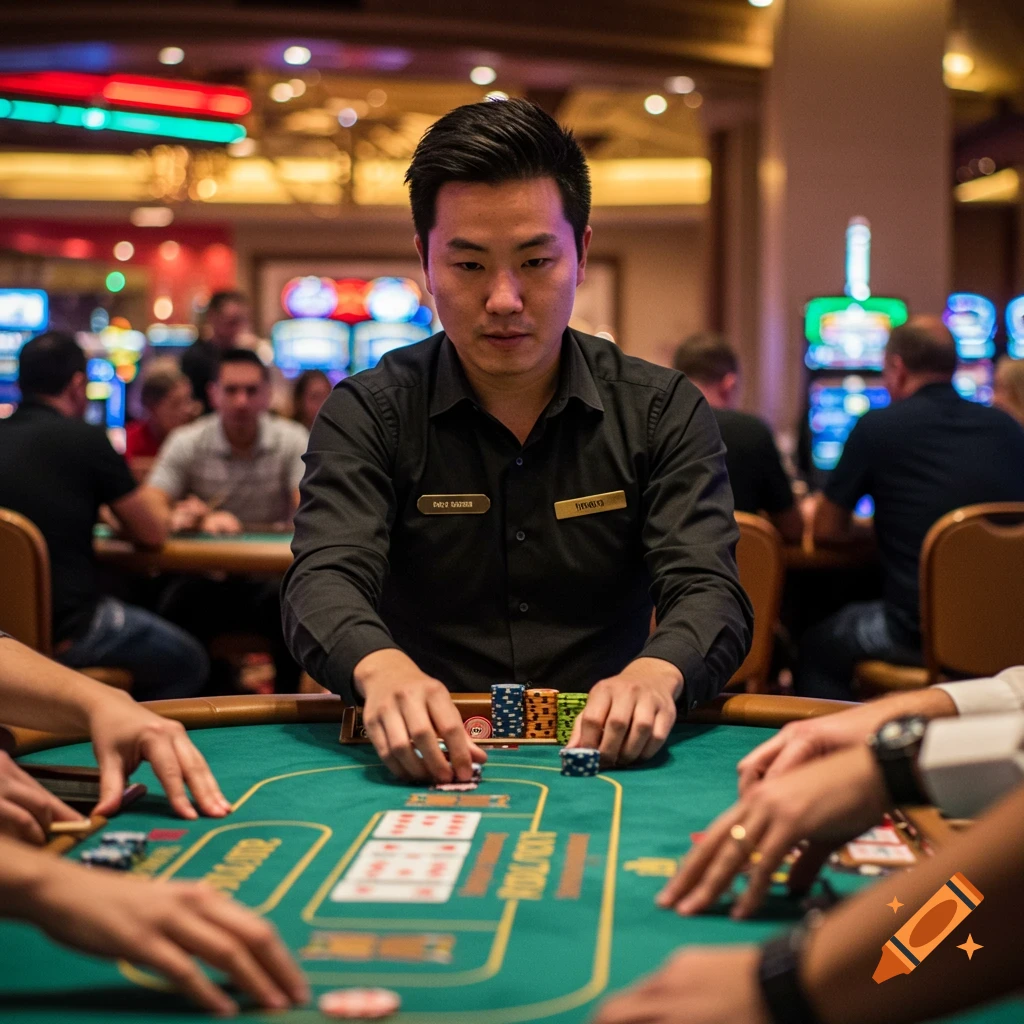 A poker dealer sorts chips at a casino table with players around.