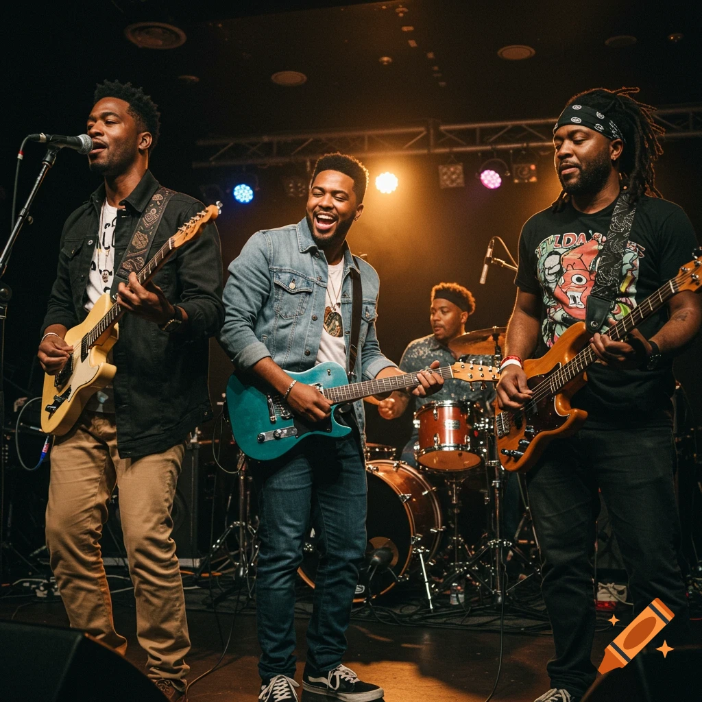 Band performing on stage with guitars and drums