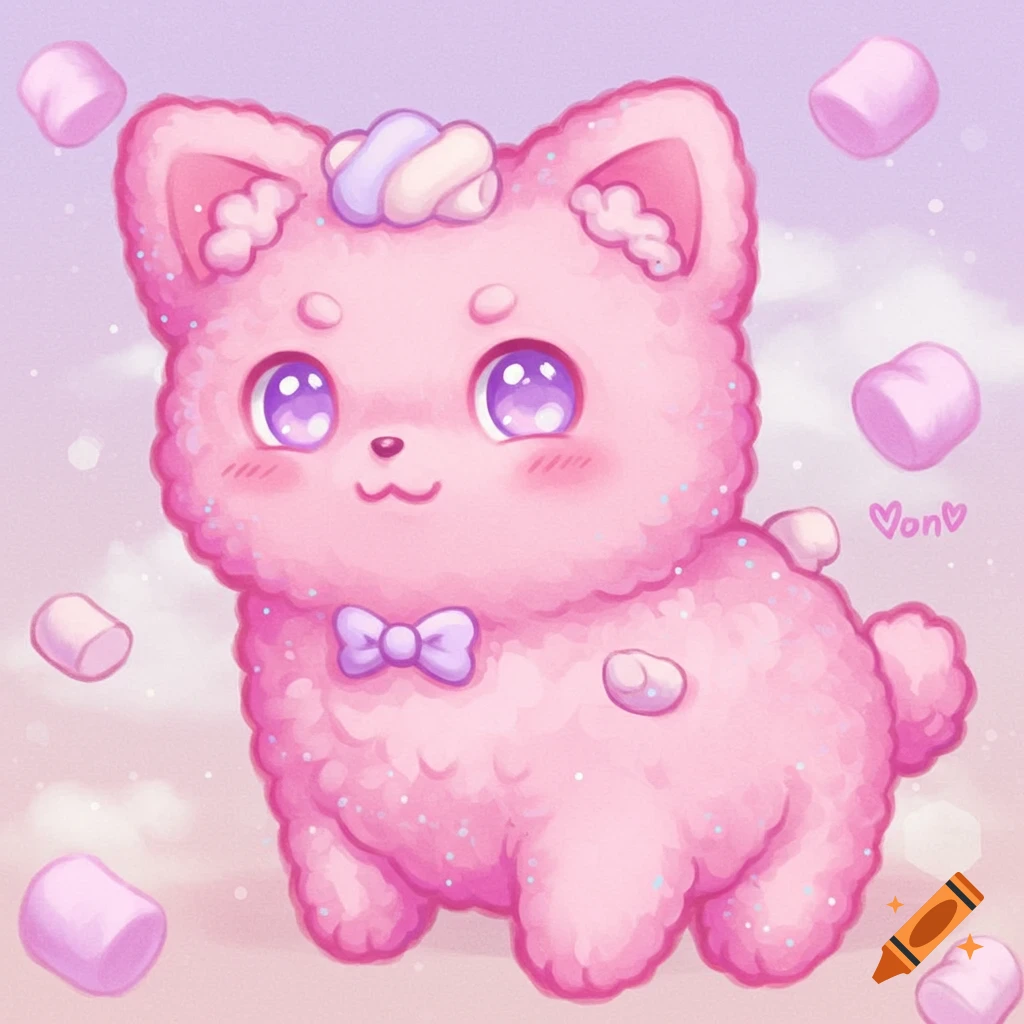 A fluffy pink creature with a bow tie floats among marshmallows in a pastel image.