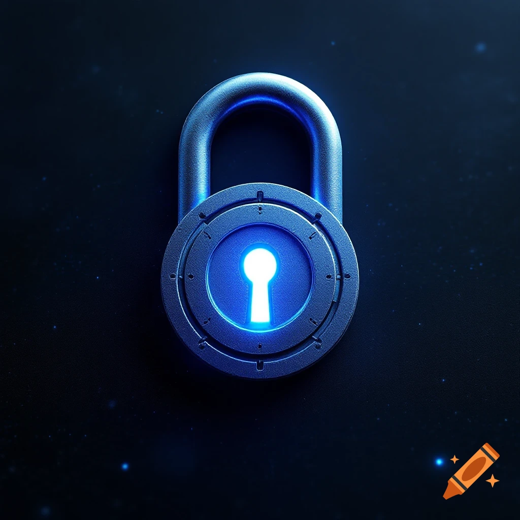 Metallic lock with a glowing blue keyhole on a dark background.