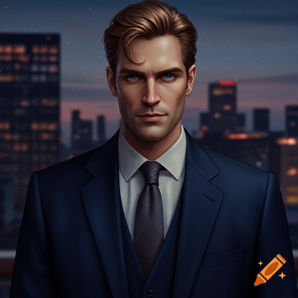 A handsome man in a suit against a city skyline at dusk.