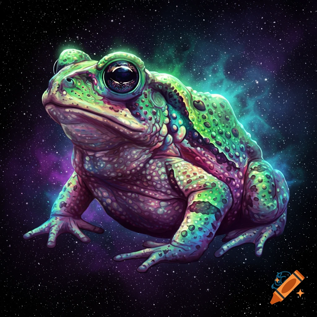 A colorful, stylized frog against a starry space background.