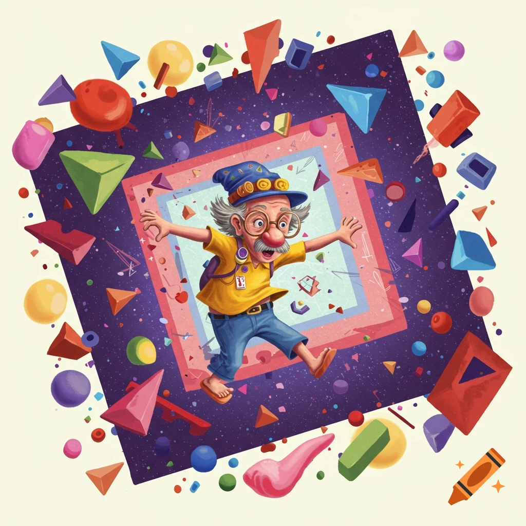 Cartoon illustration of an old man with glasses and hat floating among colorful geometric shapes in a starry purple space.