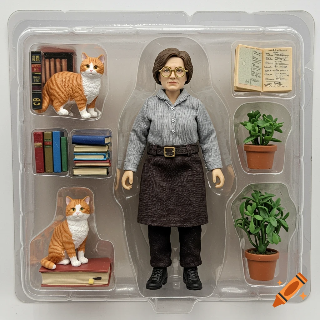 Action figure set with woman, cats, books, and plants in packaging.