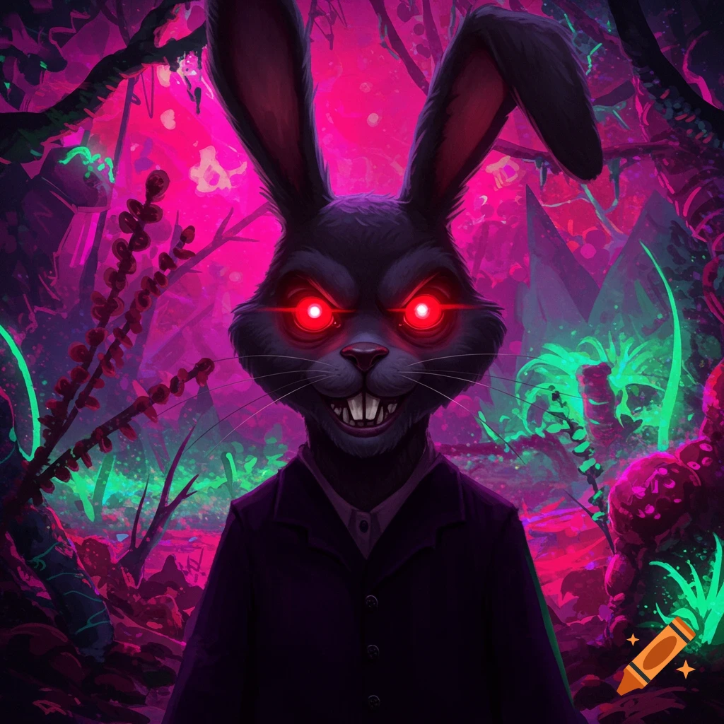 An evil black rabbit with red eyes in a surreal neon forest.