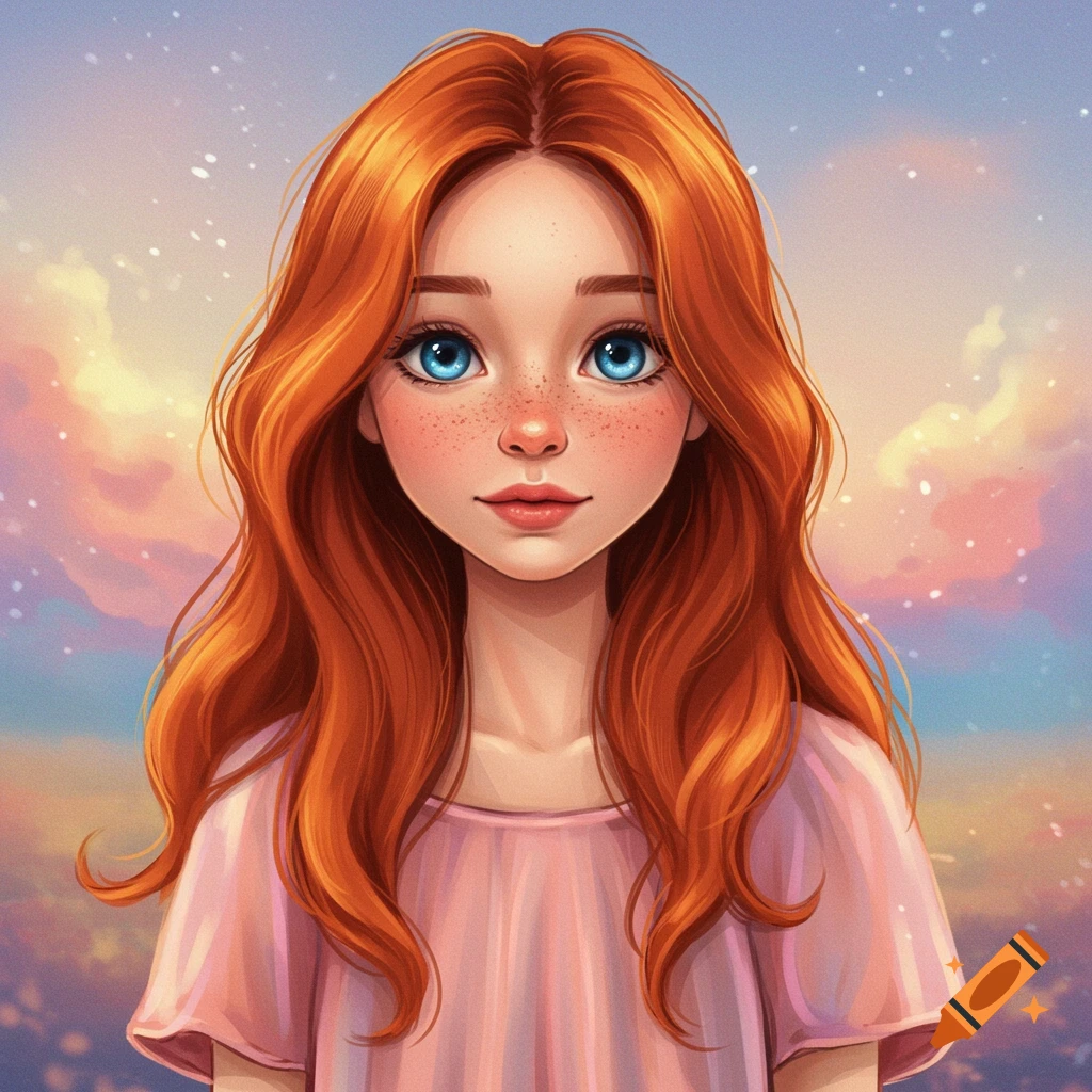 A girl with red hair, blue eyes, and freckles, wearing a pink dress, against a dreamy sky.