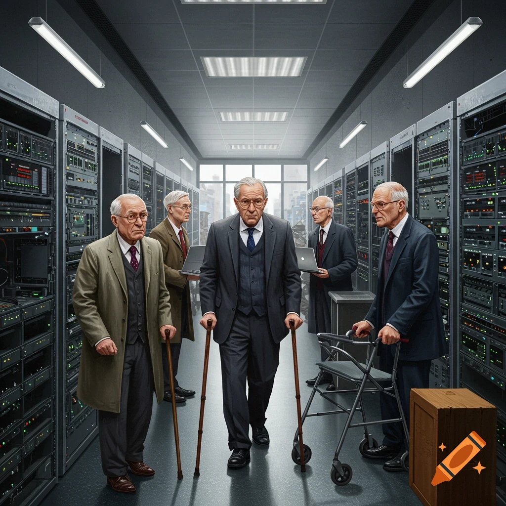 Elderly IT professionals with canes and a walker stand in a server room.