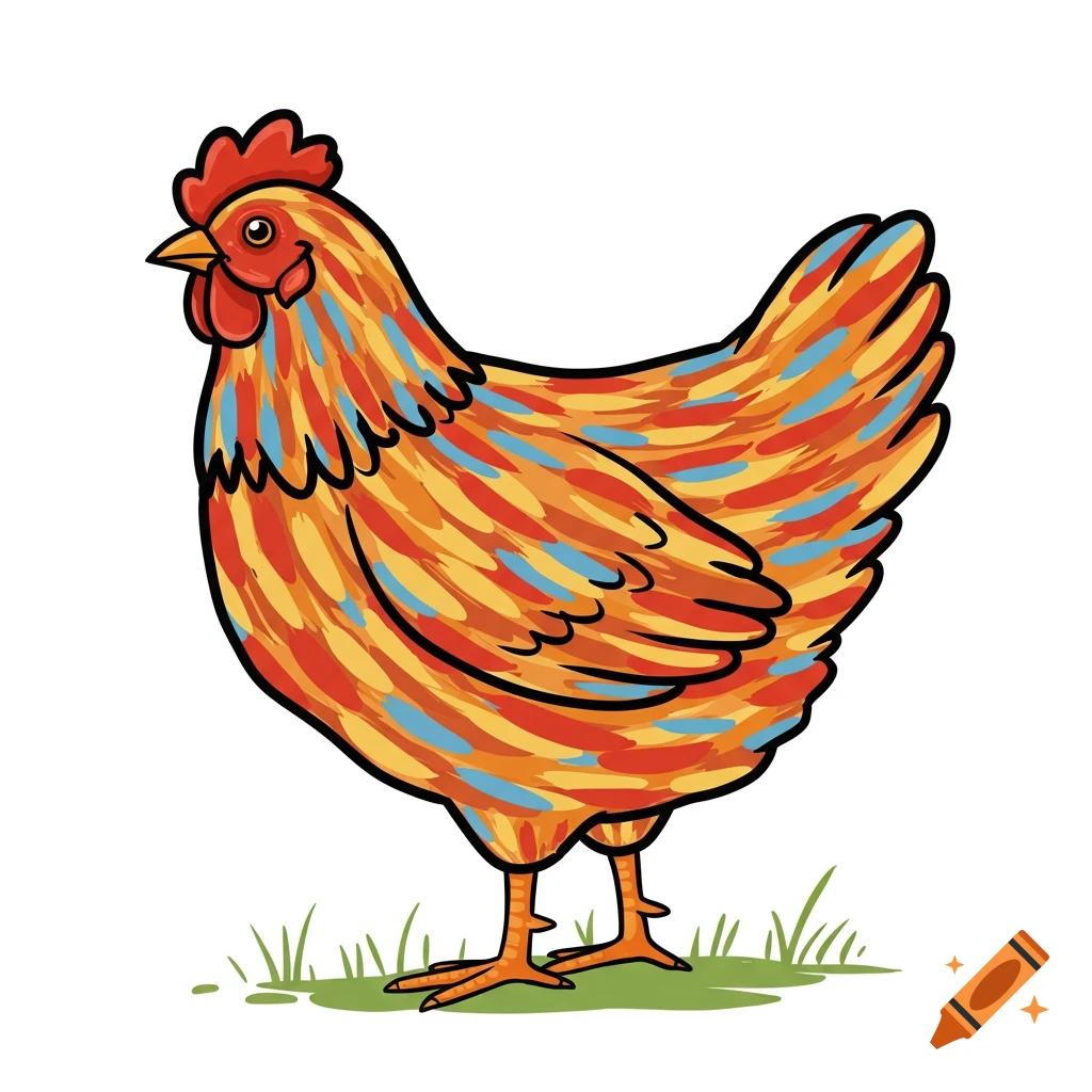 Clipart illustration of a colorful hen with brushstroke patterns for feathers standing on grass.
